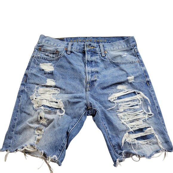American Eagle Denim Shorts Mens 32 Blue Dark Wash Distressed Denim - Picture 1 of 8